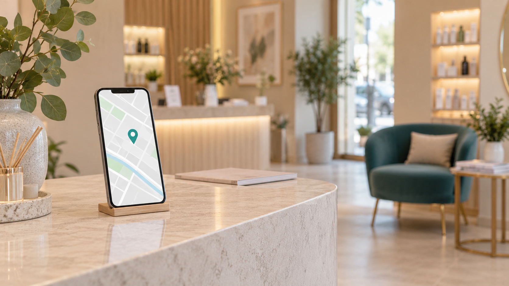 Ilustración de un teléfono con un mapa y un marcador en la recepción de un centro de estética