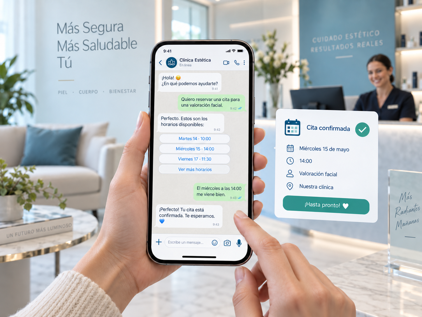 Ilustración de una consulta y confirmación de cita por WhatsApp