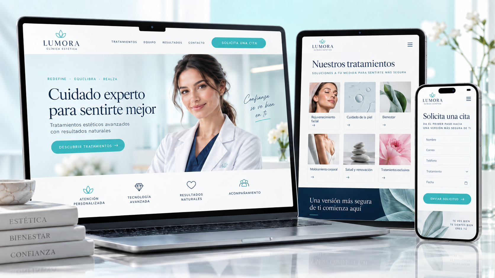 Ilustración de una web de estética adaptada a ordenador, tableta y móvil